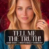 Tell Me the Truth — Honest Psychic Reading Portrait Cover Blonde reader in teal with a blue gemstone ring on a celestial cover titled Tell Me the Truth, What Is Really Going On.