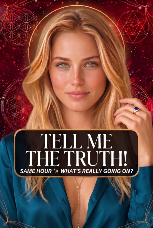 Tell Me the Truth — Honest Psychic Reading Portrait Cover Blonde reader in teal with a blue gemstone ring on a celestial cover titled Tell Me the Truth, What Is Really Going On.