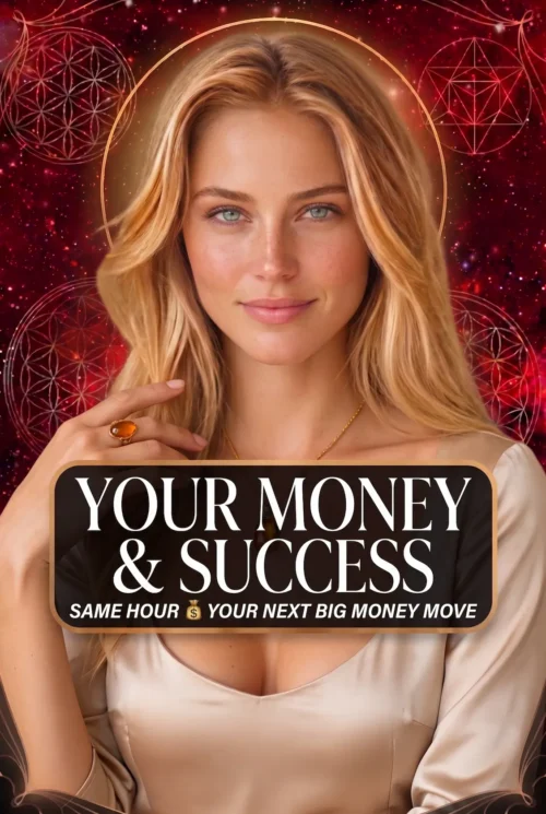 Your Money and Success — Career Psychic Reading Cover Blonde reader wearing champagne satin and an amber ring on a red celestial cover titled Your Money and Success.
