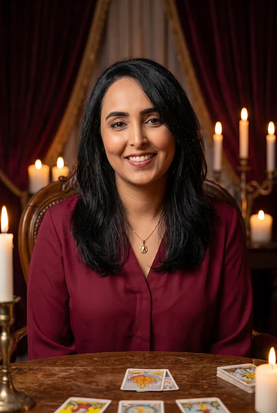 Meriem Chrrouhi in a burgundy blouse at a wooden tarot table lit by candles.