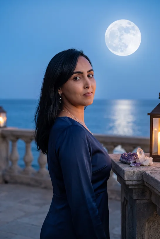 Meriem Chrrouhi in a midnight-blue dress on a moonlit terrace overlooking the sea.