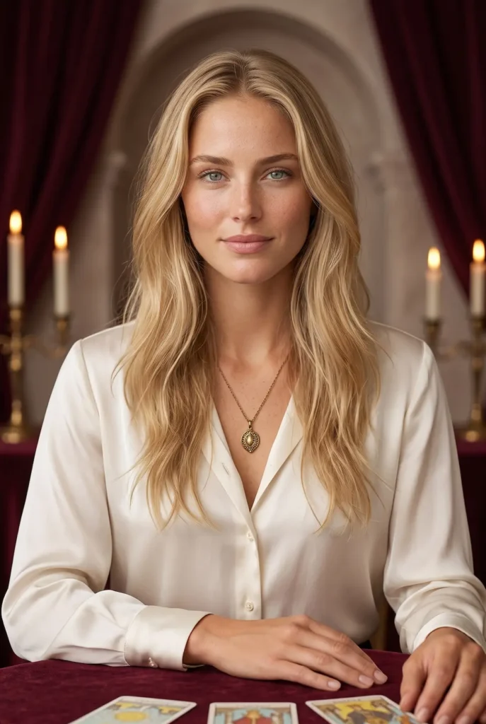 Blonde reader in an ivory blouse seated at a burgundy tarot table with cards and candles.