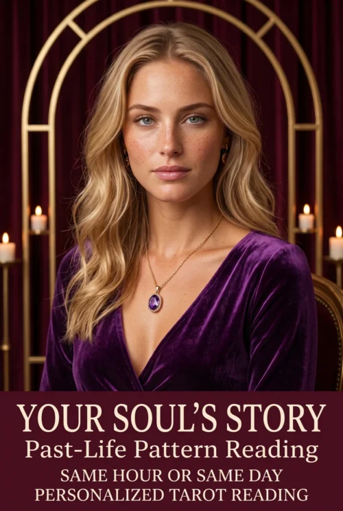 Your Soul’s Story past-life pattern reading cover with a blonde woman in purple and candlelight.