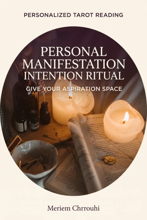 Personal Manifestation Intention Ritual — glowing ivory candles, botanical bottles, an open book and a ceramic bowl in a warm spiritual still life