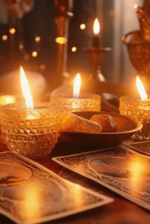Candlelit Tarot Table — Video Preview | Personalized Tarot Reading Lit candles in amber glass holders beside tarot cards on a warmly illuminated table.