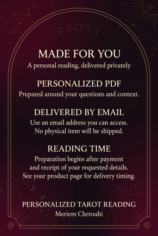 Personalized Tarot PDF — Email Delivery and Timing Made for You: a personalized PDF by email; preparation starts after payment and required details, with timing on the product page.