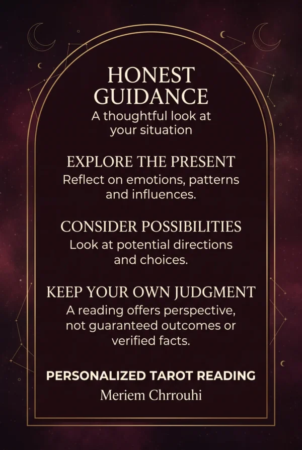 Honest Tarot Guidance — Emotions and Personal Direction Honest Guidance card covering present emotions, relationship patterns, possibilities and personal choices.