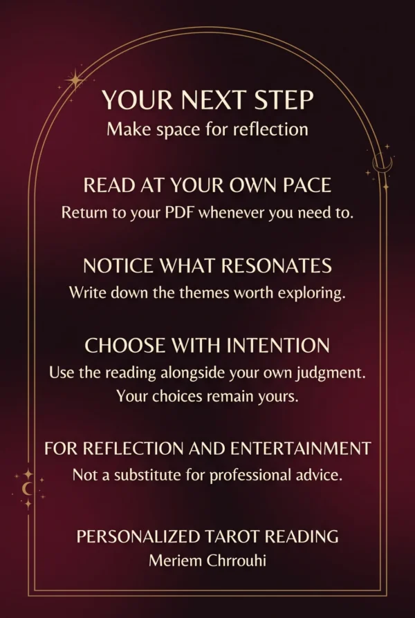After Your Tarot Reading — Personal PDF and Next Steps Your Next Step card about revisiting your personalized tarot PDF, exploring key themes and considering next steps.