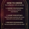 How to Order a Personalized Tarot Reading How to Order: choose a reading, share the requested names, questions and context, then receive your personalized PDF by email.