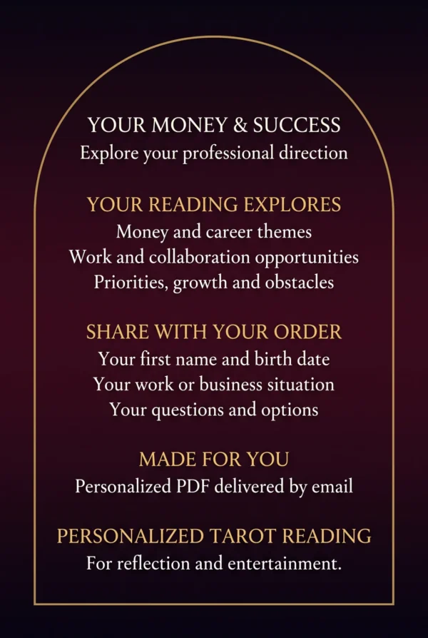 Money and Career Tarot Reading — Intake Guide Your Money and Success: career themes and priorities; share your name, birth date, work situation and questions for a PDF by email.