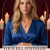 Future of This Relationship Tarot Reading | Meriem Chrrouhi Your Relationship Future love and connection reading cover with a blonde woman in blue satin and candles.