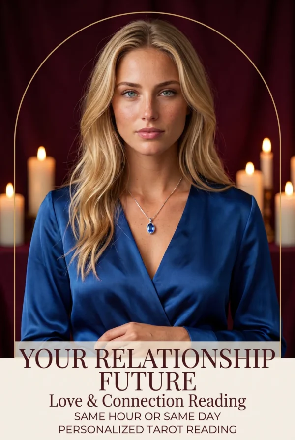 Future of This Relationship Tarot Reading | Meriem Chrrouhi Your Relationship Future love and connection reading cover with a blonde woman in blue satin and candles.