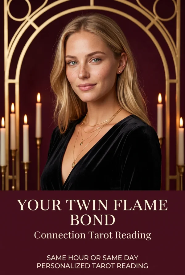 Twin Flame Connection Tarot Reading | Meriem Chrrouhi Your Twin Flame Bond tarot reading cover with a blonde woman in black, candles and a gold celestial arch.