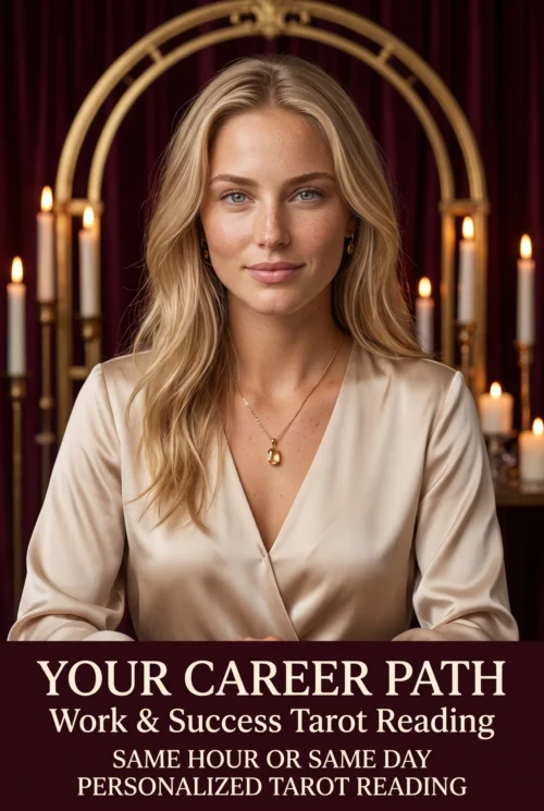 Career and Work Clarity Tarot Reading | Meriem Chrrouhi Your Career Path work and success tarot reading cover with a champagne-clad blonde portrait and candles.