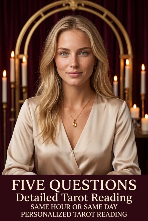Five-Question Detailed Tarot Reading | Meriem Chrrouhi Five Questions detailed tarot reading cover with a blonde woman in champagne satin beneath a gold arch.