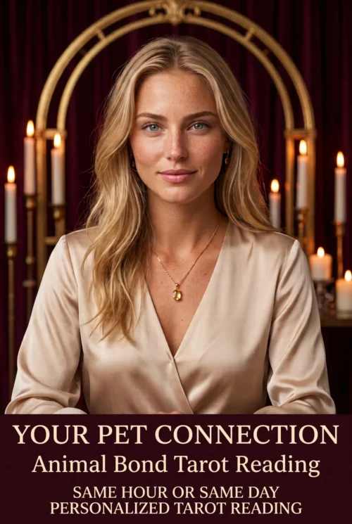 Pet and Animal Connection Tarot Reading | Meriem Chrrouhi Your Pet Connection animal bond tarot reading cover with a blonde woman in champagne satin and candlelight.