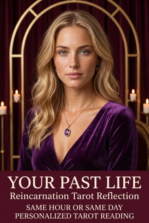 Past Life and Reincarnation Tarot Reflection | Meriem Chrrouhi Your Past Life reincarnation tarot reflection cover with a blonde woman in purple, gold arches and candles.