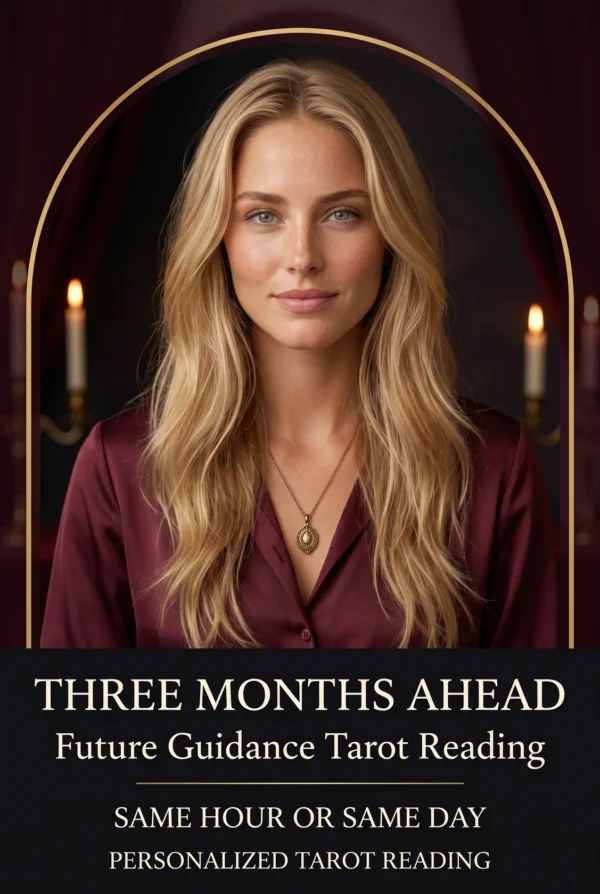 Three Months Ahead future guidance tarot reading cover with a blonde woman in burgundy and candles.