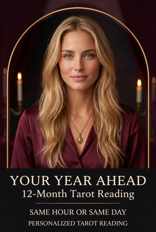Twelve-Month Future Guidance Tarot Reading | Meriem Chrrouhi Your Year Ahead 12-month tarot reading cover with a blonde woman in burgundy and a candlelit arch.