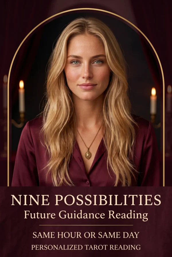 Nine Future Possibilities Psychic Tarot Reading | Meriem Chrrouhi Nine Possibilities future guidance reading cover with a blonde woman in burgundy and candlelight.
