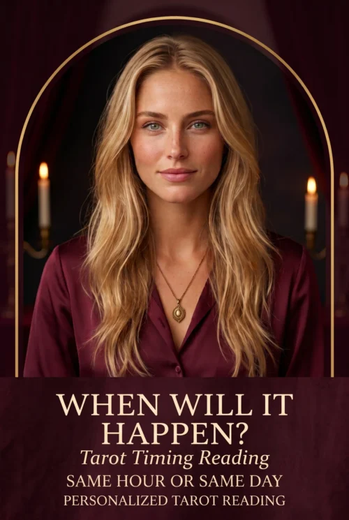Tarot Timing Reading — Timing Possibilities | Meriem Chrrouhi When Will It Happen? Tarot timing reading cover with a blonde woman in burgundy and a candlelit gold arch.