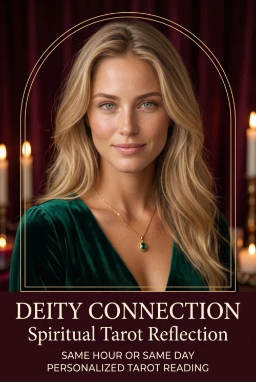 Deity Tarot Reading — Spiritual Connection | Meriem Chrrouhi Deity Connection spiritual tarot reflection cover with a blonde woman in emerald and a gold arch.