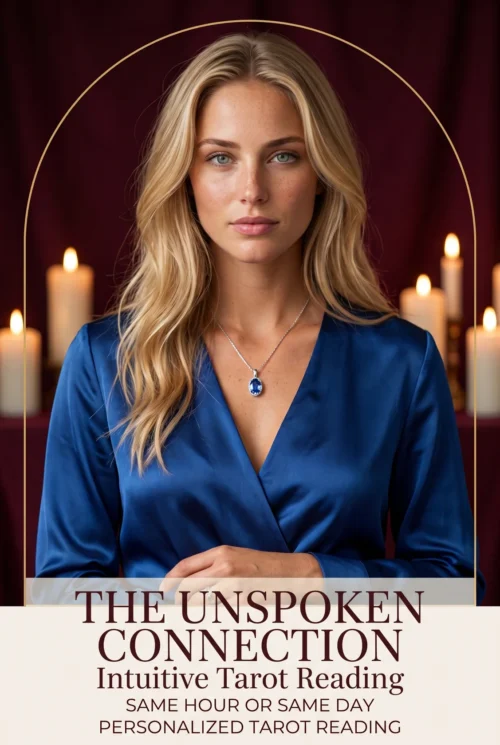 Telepathy Tarot Reading — Unspoken Connection | Meriem Chrrouhi The Unspoken Connection intuitive tarot reading cover with a blonde woman in blue satin and candlelight.
