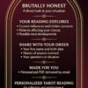 Brutally Honest Tarot Reading — Personal Question and Delivery Guide Brutally Honest tarot reading guide listing current influences, hidden concerns, questions and personalized PDF delivery.