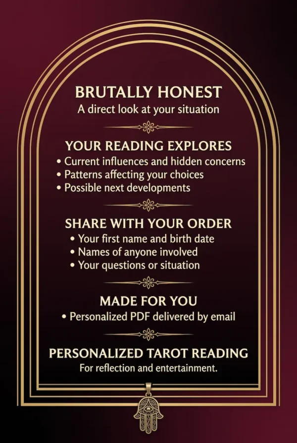 Brutally Honest Tarot Reading — Personal Question and Delivery Guide Brutally Honest tarot reading guide listing current influences, hidden concerns, questions and personalized PDF delivery.