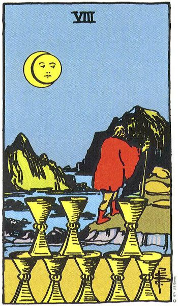 Eight of Cups tarot card meaning, Rider-Waite-Smith deck