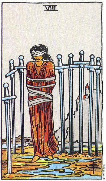 Eight of Swords tarot card meaning, Rider-Waite-Smith deck