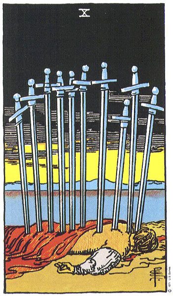 Ten of Swords tarot card meaning, Rider-Waite-Smith deck