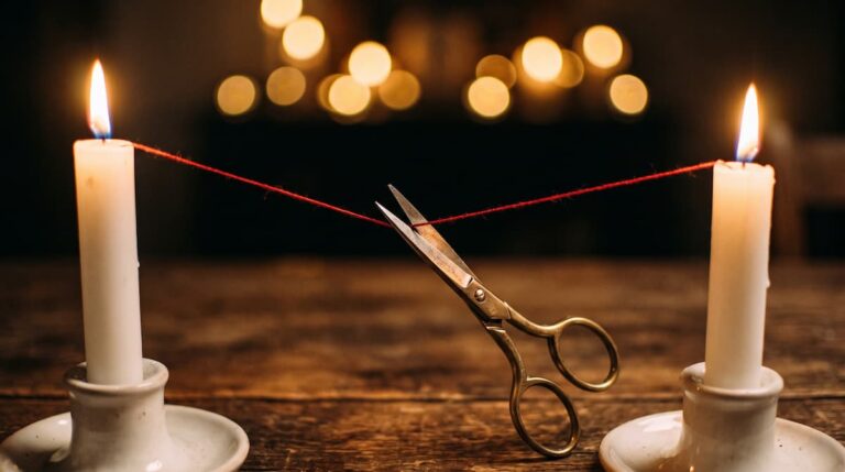 Cord cutting ritual: brass scissors cutting a red thread between two lit candles, a release ritual by PuraTarot