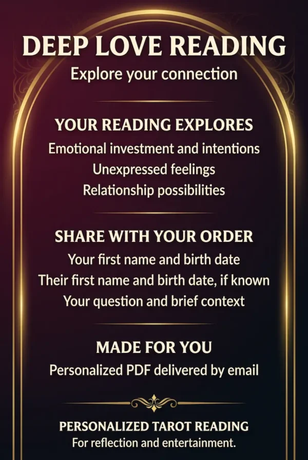 Deep Love Reading guide covering emotional investment, unexpressed feelings and relationship possibilities in a gold arch.