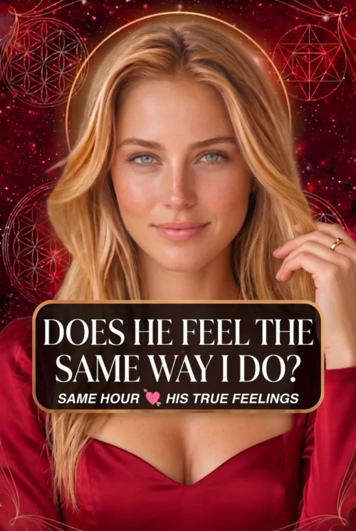 Does He Feel the Same Way — Love Psychic Reading Cover Blonde reader wearing red on a celestial cover titled Does He Feel the Same Way I Do, His True Feelings.