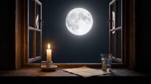 Full moon ritual: bright full moon through an open window with a white candle, glass of water and folded paper on the sill, by PuraTarot