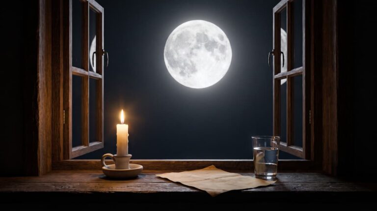 Full moon ritual: bright full moon through an open window with a white candle, glass of water and folded paper on the sill, by PuraTarot