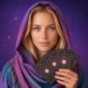 Blonde PuraTarot advertising model holding tarot cards against a purple celestial background.