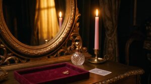 Glamour magic ritual: vanity mirror, pink candle, perfume bottle and gold ring on velvet in golden light, presence ritual by PuraTarot