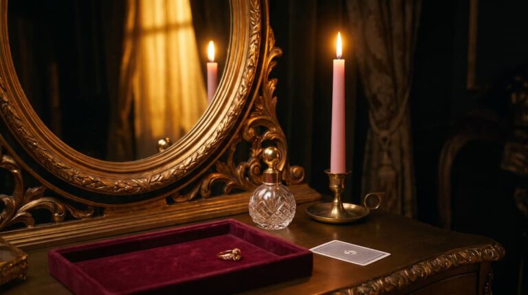 Glamour magic ritual: vanity mirror, pink candle, perfume bottle and gold ring on velvet in golden light, presence ritual by PuraTarot