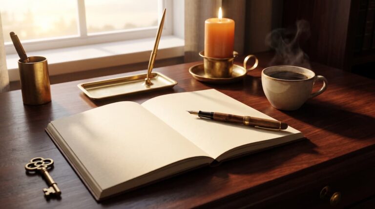How to manifest a job: open notebook, brass key, orange candle and coffee on a desk at sunrise, interview ritual by PuraTarot