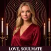 Love, Soulmate and Twin Flame Tarot | Meriem Chrrouhi Love, Soulmate and Twin Flame Tarot cover featuring Meriem Chrrouhi in ruby red with a gold moon pendant.