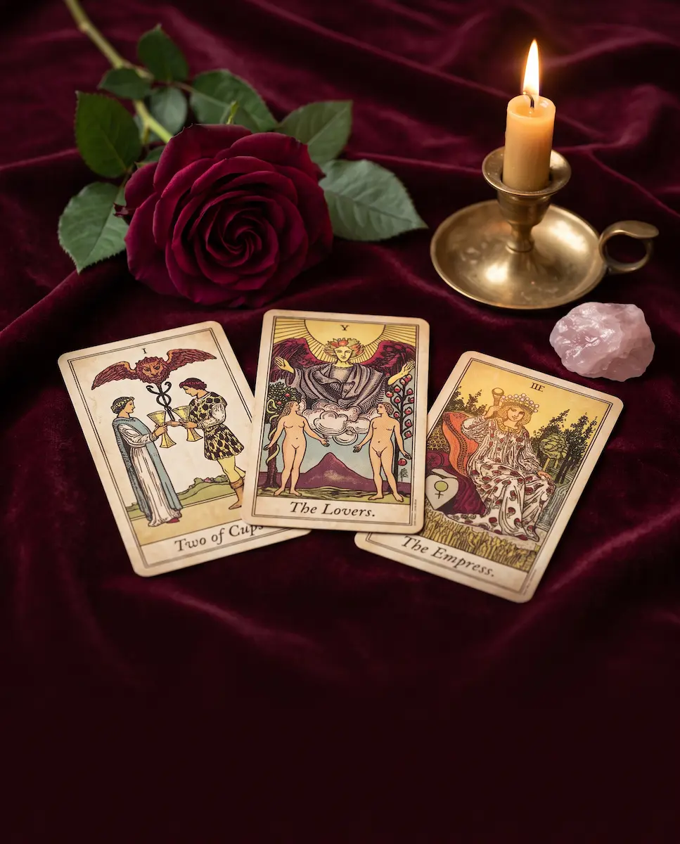 Tarot cards, rose quartz and a burgundy rose for love and relationship readings