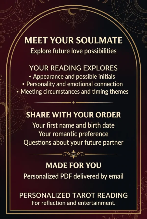 Meet Your Soulmate — Soulmate Reading Guide Meet Your Soulmate reading guide listing appearance, personality, emotional connection and order details in a gold celestial frame.