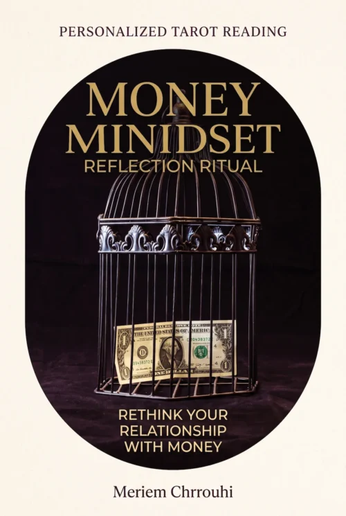 Money Mindset Reflection Ritual — a decorative metal birdcage containing one banknote, on dark plum fabric with gold lettering