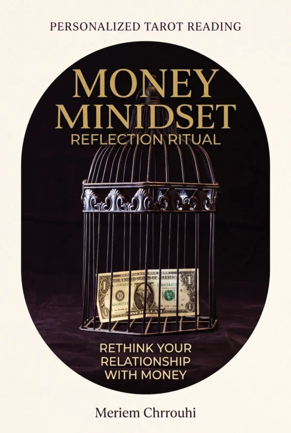 Money Mindset Reflection Ritual | Meriem Chrrouhi Money Mindset Reflection Ritual — a decorative metal birdcage containing one banknote, on dark plum fabric with gold lettering