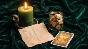 Money ritual for abundance: green candle, jar of gold coins, handwritten intention and a tarot card on velvet, by PuraTarot