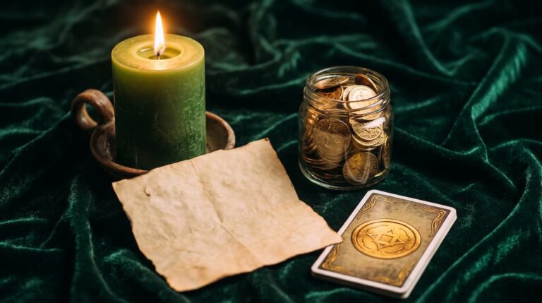 Money ritual for abundance: green candle, jar of gold coins, handwritten intention and a tarot card on velvet, by PuraTarot
