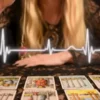 Pendulum and Tarot Cards — Video Preview Blonde reader holding a pendulum over tarot cards, with a white waveform graphic across the image.