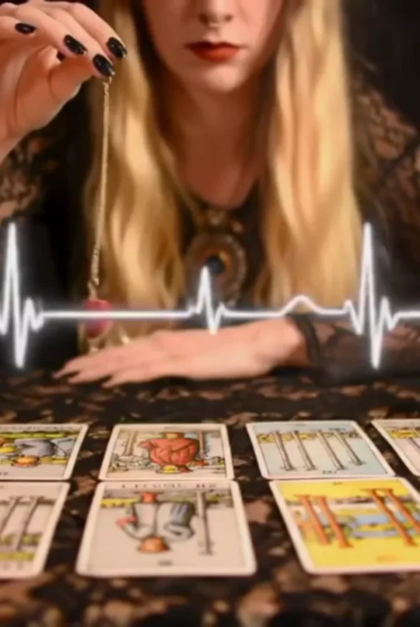 Pendulum and Tarot Cards — Video Preview Blonde reader holding a pendulum over tarot cards, with a white waveform graphic across the image.